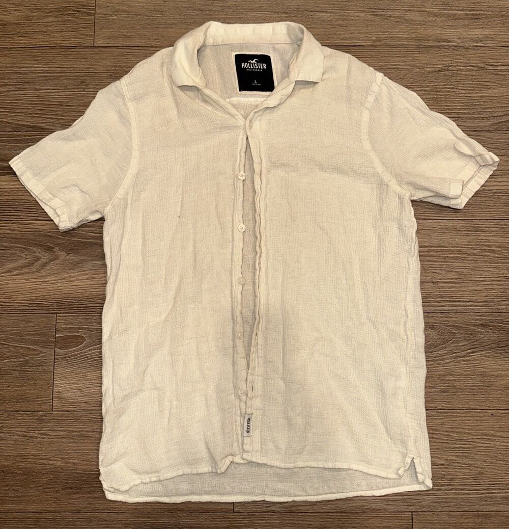Hollister Mens Linen Blend Short Sleeve Button Up Shirt Cream L Resort Vacation